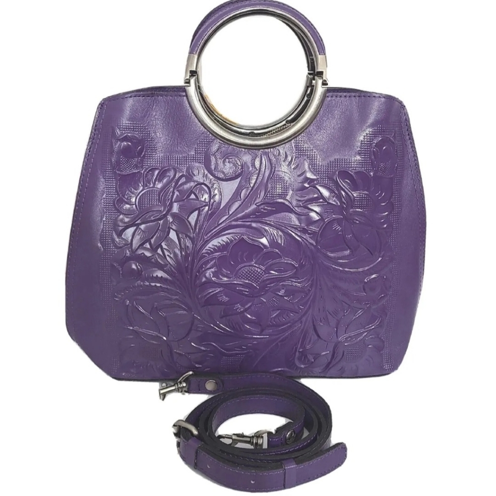 Patricia Nash Arenzano Tooled Leather Double Ring Shopper Bag-Purple